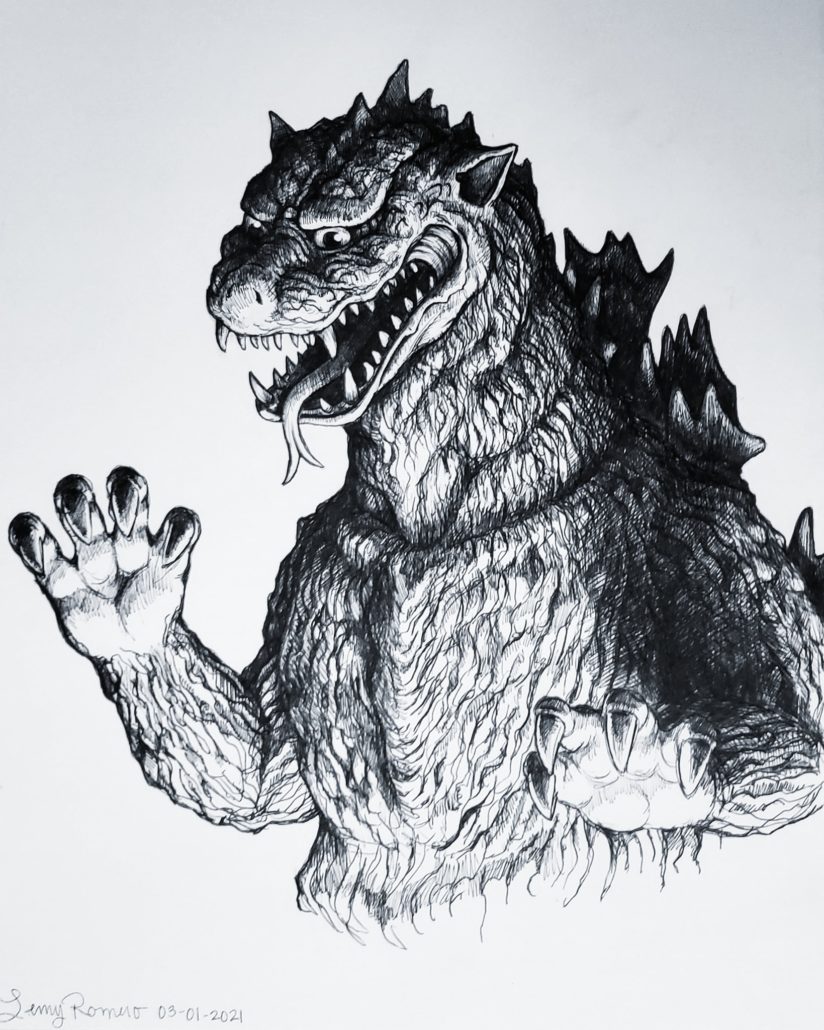 a pencil illustration by Lenny Romero featured on Kaiju United's Artist Gallery.